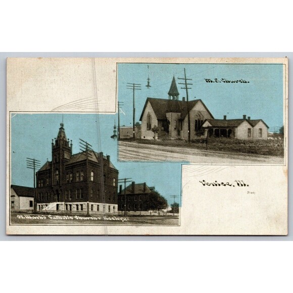 Postcard Illinois Venice 1909 St. Mark's Catholic Church and Rectory Addressed - Picture 1 of 2